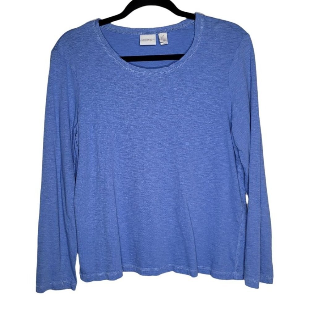 Chicos Blouse Size 2 Large Solid Blue Metallic Scoop Neck Long Sleeve Womens